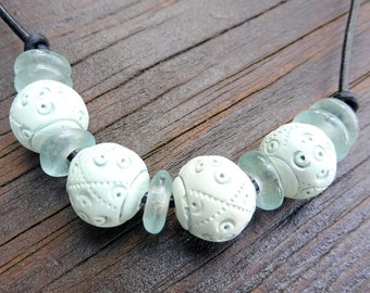 Sage Green Tie Necklace - Sage Green Clay Beads, Sea Green Recycled Glass Discs, Black Leather Necklace