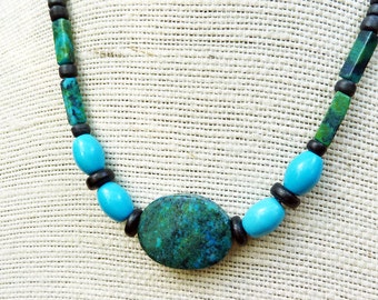 Turquoise Necklace - Yellow Turquoise Beads, Black Wood Beads, Long Beaded Necklace