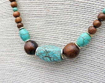 Long Blue-Green Necklace - Howlite Beads, Wood Beads, Long Beaded Necklace