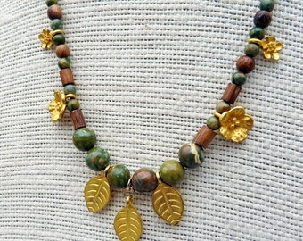 Leaf Charm Necklace - Gold Leaf Charms, Rhyolite Beads, Short Wood Necklace