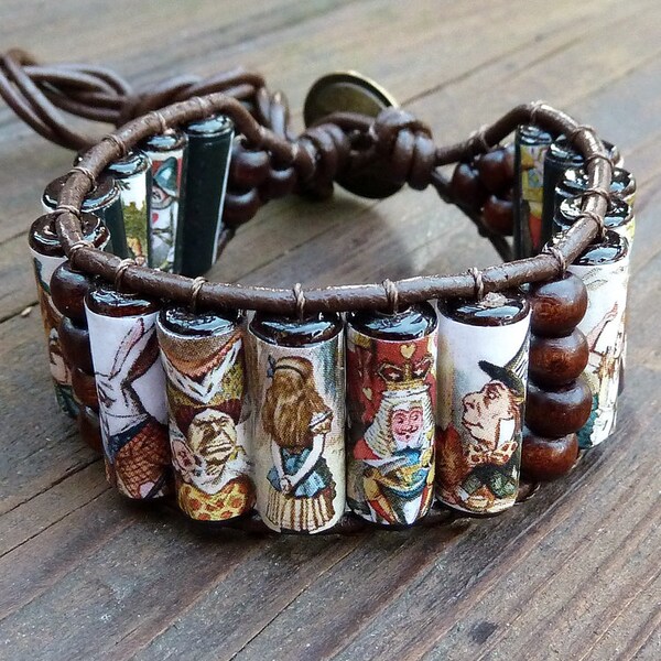 Alice in Wonderland Cuff Bracelet - Alice in Wonderland Wood Beads, Brown Leather Bracelet