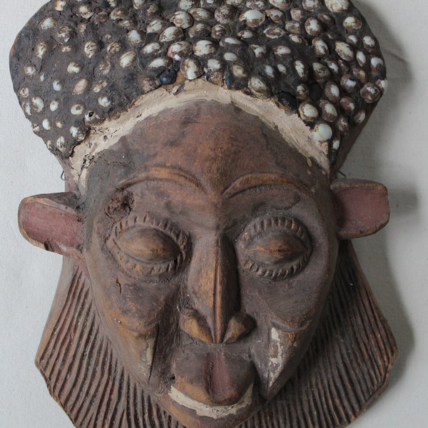 Vintage Carved Wooden African Mask with Shells