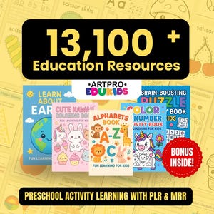 Puede incluir: Imagen de recursos educativos para niños. La imagen presenta varios libros coloridos con títulos como "Learn About Earth", "Cute Kawaii Coloring Book" y "Alphabets Book". Una pancarta dice "13,100+ Education Resources". Un círculo rojo dice "Bonus Inside!"