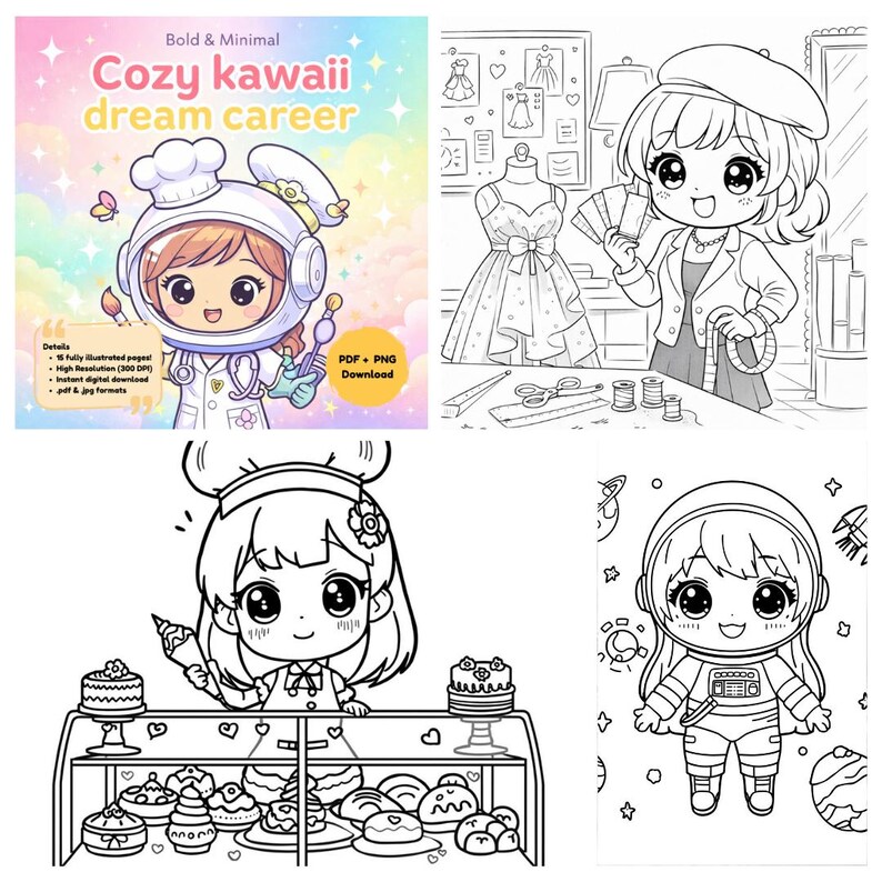 May include: A digital download featuring four kawaii-style coloring pages. The pages include a chef, a fashion designer, a baker, and an astronaut. The title "Cozy kawaii dream career" is displayed on the cover. The download includes PDF and PNG formats.