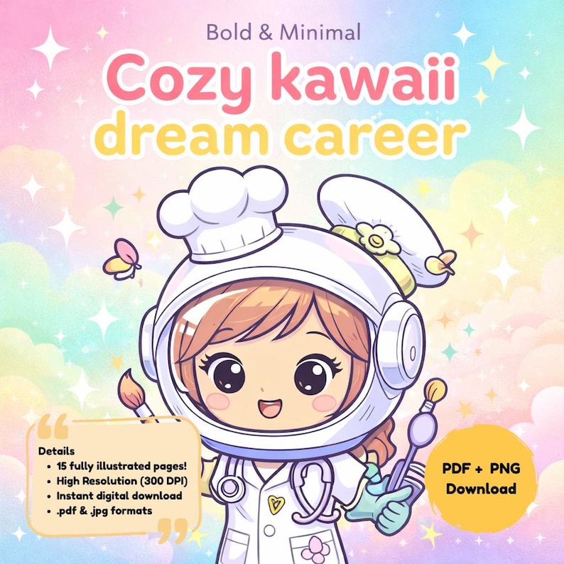 May include: An illustration with the text "Cozy kawaii dream career." A cartoon character in a chef's hat and astronaut helmet holds a paintbrush and a spatula. The image includes the text "Details" and "PDF + PNG Download."
