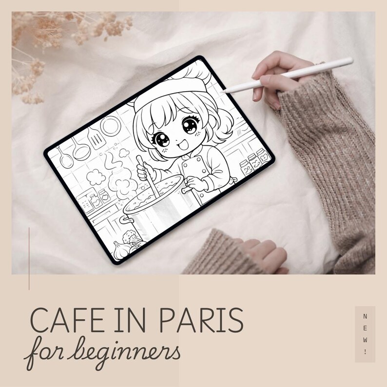 May include: A black and white digital illustration of a chef cooking in a kitchen, displayed on a tablet. The tablet is being used with a stylus. The text "CAFE IN PARIS for beginners" is at the bottom.