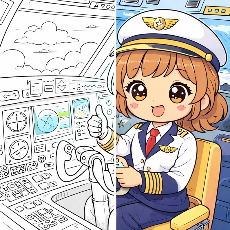 May include: A split image showing a pilot in a cartoon style. The right side is a color illustration of a pilot in a white uniform with gold accents, a red tie, and a pilot's hat. The left side is a black and white line drawing of an airplane cockpit.