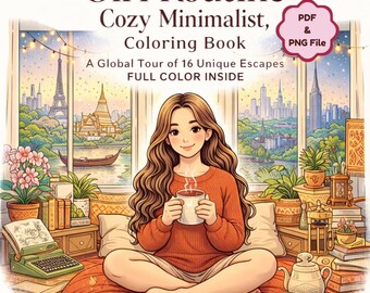 Cozy Minimalist Coloring Book, Bold Line Art, Serene Illustrations (PDF & PNG File)