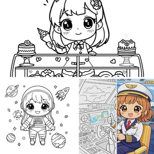May include: Black and white line art illustrations of a girl in a bakery, an astronaut, and a pilot. The bakery scene shows a girl decorating a cake. The astronaut is in a spacesuit with planets and a rocket. The pilot is in a cockpit.