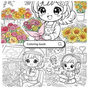 May include: Black and white coloring book page featuring several anime-style illustrations. The images include a girl with flowers, a pilot in a cockpit, and a girl with headphones using a tablet. The text "Coloring book" is present.