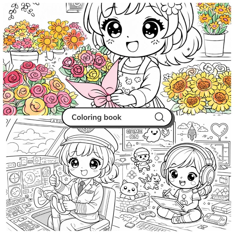 May include: Black and white coloring book page featuring several anime-style illustrations. The images include a girl with flowers, a pilot in a cockpit, and a girl with headphones using a tablet. The text "Coloring book" is present.