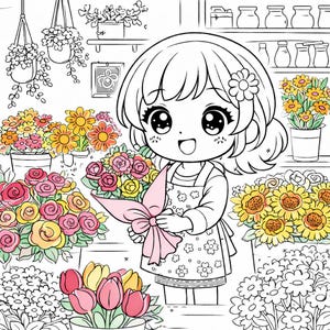 May include: Black and white illustration of a girl in an apron holding a bouquet of flowers tied with a pink bow. The background shows various potted flowers and hanging plants, creating a floral shop scene.