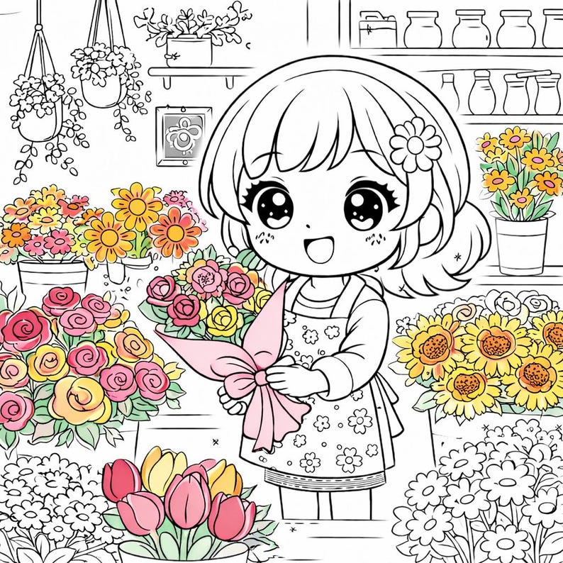 May include: Black and white illustration of a girl in an apron holding a bouquet of flowers tied with a pink bow. The background shows various potted flowers and hanging plants, creating a floral shop scene.
