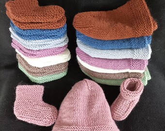 Hand-knitted Merino wool hat and booties set for babies 1-3 months