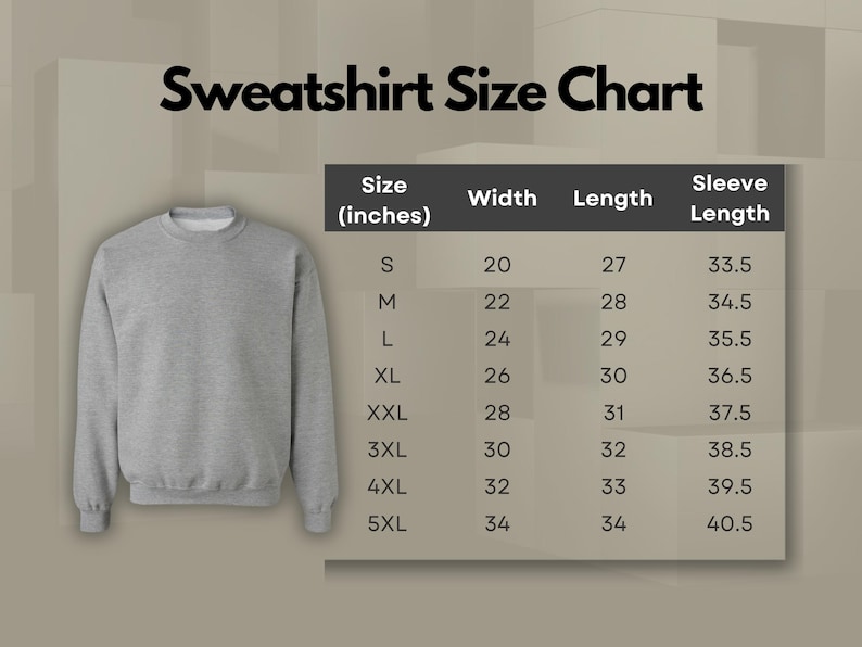Puede incluir: Tabla de tallas de sudadera en pulgadas. La tabla muestra el ancho, la longitud y la longitud de la manga para las tallas S a 5XL.