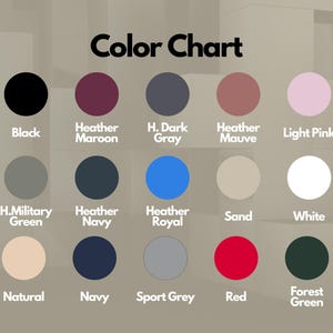 K&ouml;nnte beinhalten: Eine Farbkarte mit der Aufschrift "Color Chart" zeigt eine Vielzahl von Farbmustern. Zu den Farben geh&ouml;ren Schwarz, Kastanienbraun, Dunkelgrau, Mauve, Hellrosa, Milit&auml;rgr&uuml;n, Marineblau, Royalblau, Sand, Wei&szlig;, Natur, Marineblau, Sportgrau, Rot und Waldgr&uuml;n.