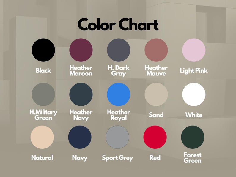K&ouml;nnte beinhalten: Eine Farbkarte mit der Aufschrift "Color Chart" zeigt eine Vielzahl von Farbmustern. Zu den Farben geh&ouml;ren Schwarz, Kastanienbraun, Dunkelgrau, Mauve, Hellrosa, Milit&auml;rgr&uuml;n, Marineblau, Royalblau, Sand, Wei&szlig;, Natur, Marineblau, Sportgrau, Rot und Waldgr&uuml;n.