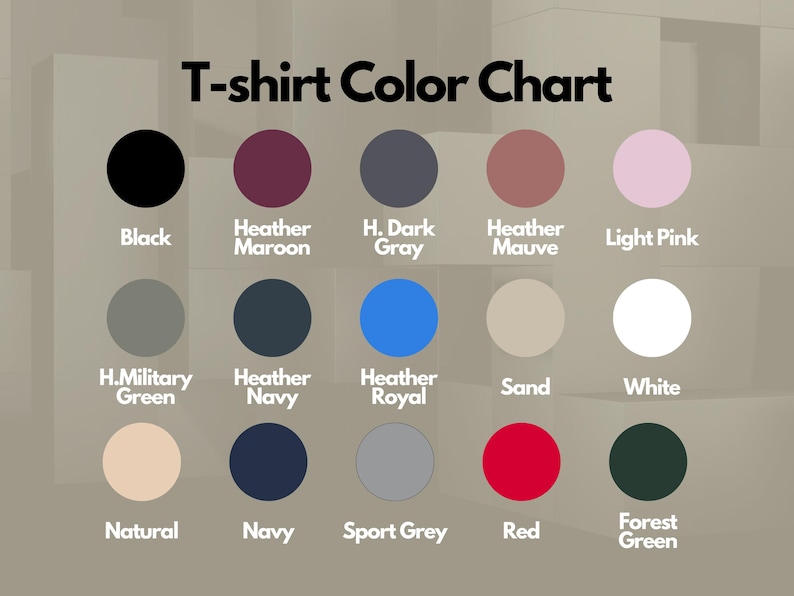 Puede incluir: Carta de colores de camiseta que muestra 15 colores diferentes, incluyendo negro, granate jaspeado, gris oscuro, malva jaspeado, rosa claro, verde militar, azul marino jaspeado, azul real jaspeado, arena, blanco, natural, azul marino, gris deportivo, rojo y verde bosque.
