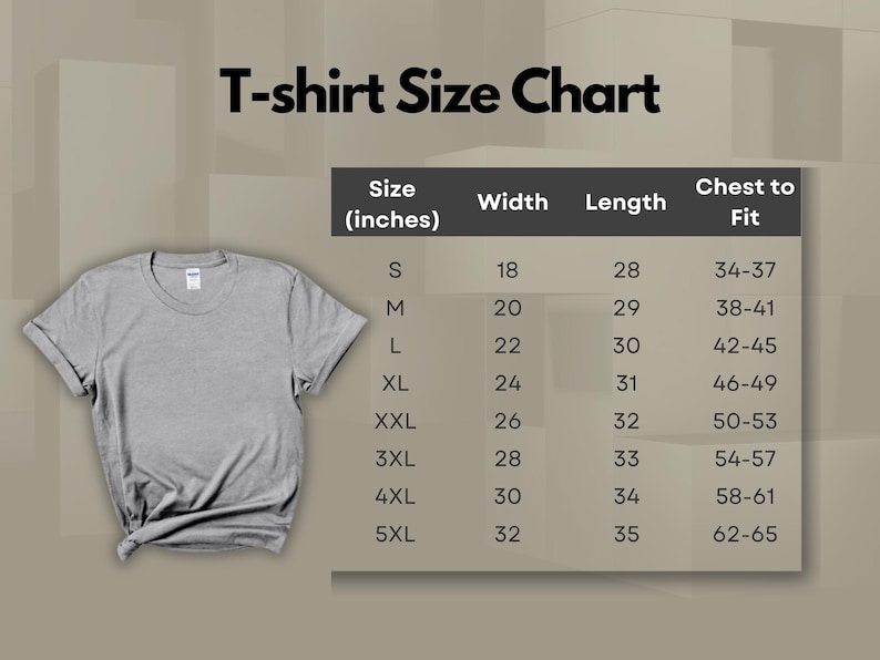 Puede incluir: Tabla de tallas de camiseta en pulgadas. La tabla muestra las medidas de talla, ancho, largo y pecho para las tallas S a 5XL.