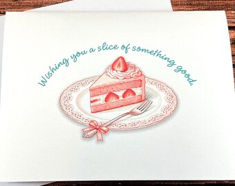 Strawberry Cake Birthday Card, Sweet Birthday Greeting, Pretty Dessert Card for Her