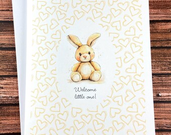 Woodland Bunny Baby Card, Neutral Welcome Little One Greeting Card, Cute Rabbit Baby Shower Congrats, New Parents Gift, Expecting Mother