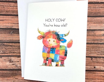 Funny Birthday Card, Holy Cow, You're How Old? Handmade blank card, destash