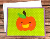 Happy Halloween card, trick or treating, hand crafted, pumpkin, kawaii jack o lantern, for grandchild, destash, retired old stock, clearance