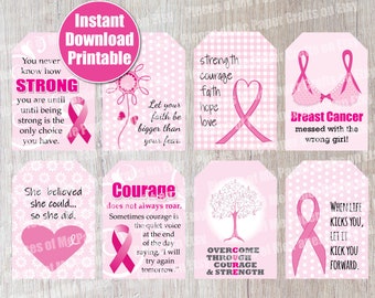 8 Breast Cancer Tags, Printable, Instant Digital Download, Thank you, Awareness, Pink Ribbon, Fight Like a Girl, survivor, courage strength