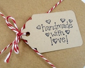 16 hang tags with string, Handmade with Love, Christmas gift tags, holiday tags, gift wrap, packaging tags, price tags