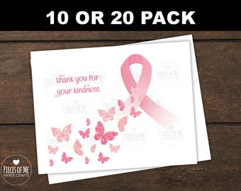 Breast cancer thank you cards 10 or 20 Pack, thanks, kindness, butterflies butterfly, pink ribbon, support, chemo mastectomy blank note card