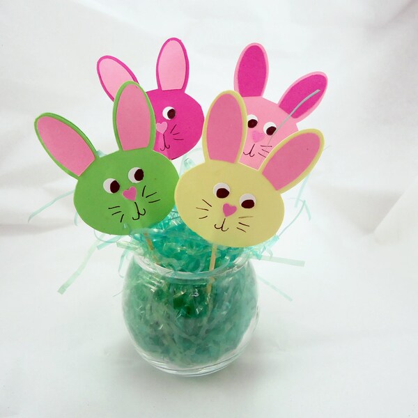 Easter Bunny Cupcake Toppers, Set of 12, Happy Easter Bunnies, Bunny Faces, Spring,  Pink Green Yellow