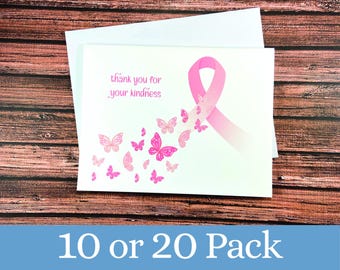 Breast cancer thank you cards 10 or 20 Pack, thanks for your kindness, butterflies, pink ribbon, support, chemo, mastectomy