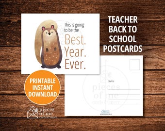 Printable teacher postcards, back to school, instant download, Best Year Ever, squirrel