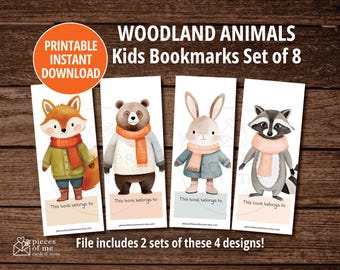 Woodland Animal Bookmarks for Kids, Printable Set of 8, Fox Bear Rabbit Raccoon, Classroom Favors, Student Reading Incentives