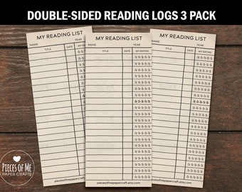 3 pack Reading Log Bookmarks, 3x7, library card, double sided tracker, 40 lines, book list, reader gift, TBR to be read