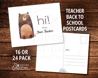 Personalized teacher postcards, hi from your teacher, 16 or 24 pack, welcome back to school, brown bear