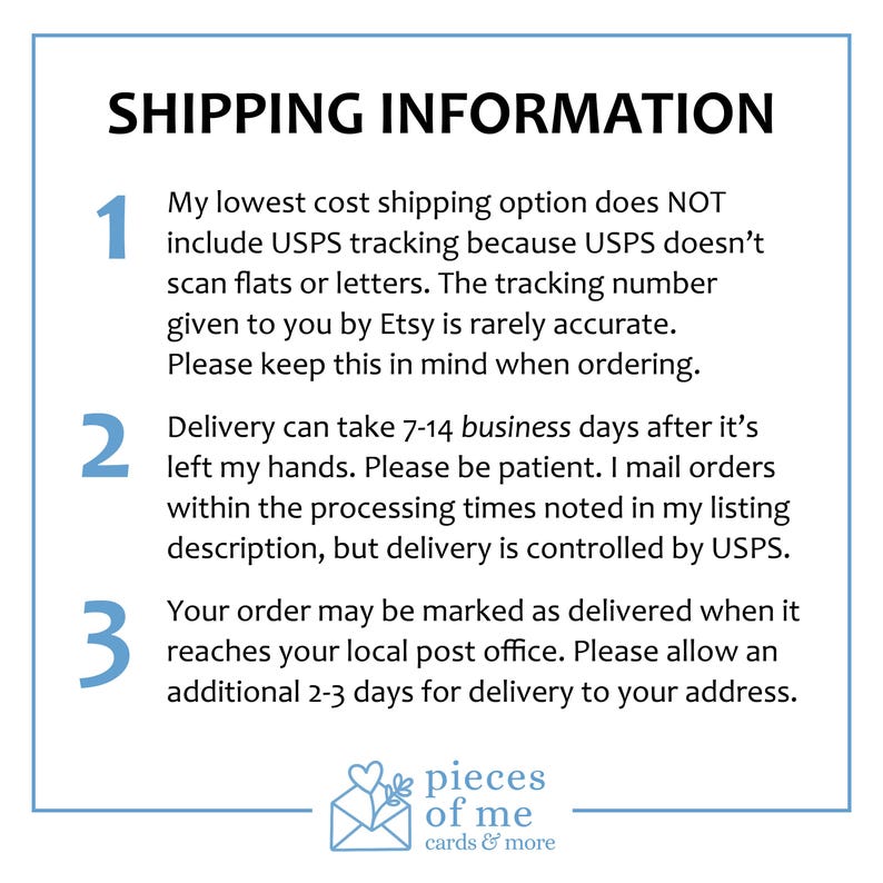 May include: White and blue text on a white background provides shipping information. The text includes details about USPS tracking, delivery times, and order status. The shop's logo, "pieces of me cards & more," is at the bottom.