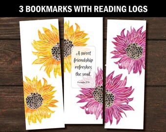 3 pack Sunflowers Bookmarks, Reading List, Log, Tracker, friendship, proverbs, inspirational, book club, gift for reader, teacher, graduate