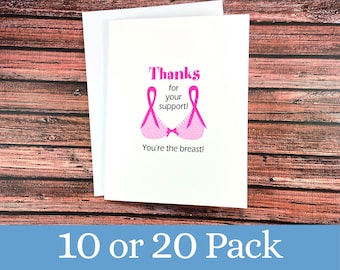 Tarjetas de agradecimiento por el cáncer de mama (paquete de 10 o 20). "Eres el mejor. Eres lo máximo". Gracias por tu apoyo. Divertida, sobreviviente. Brasier rosa.