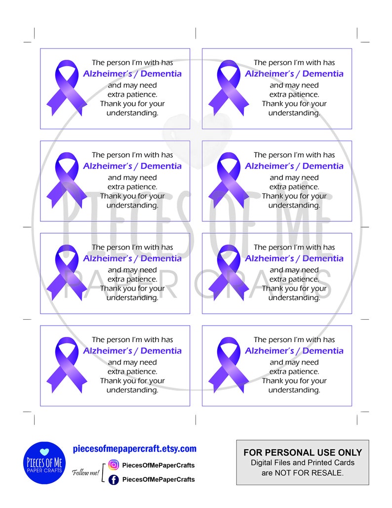 Alzheimer's Dementia Companion Card, Caregiver, Printable Instant Download, Business Card ...