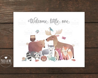 Woodland animals new baby card, Welcome little one, Congratulations, baby shower gift, fox, moose, bear, owl, wolf, forest animals