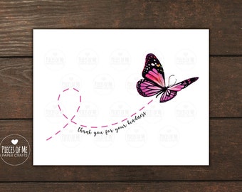 Breast cancer thank you cards, 4 Pack, thank you for your kindness, butterfly, pink ribbon, support, chemo, mastectomy, blank note cards