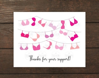 Thank you cards 4 Pack, breast cancer, thanks for your support, pink bras on a clothesline, chemo, mastectomy, radiation, blank note cards