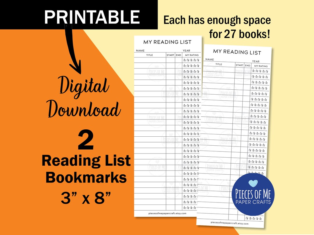 Reading List Bookmark, Printable Instant Download 3x8, Library Card Log