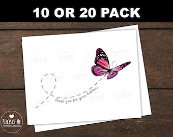 Breast cancer thank you cards, 10 Pack, thank you for your kindness, butterfly, pink ribbon, support, chemo, mastectomy, blank note cards