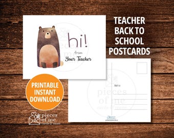 Printable teacher postcards, welcome back to school, instant download, hi, hello, bear