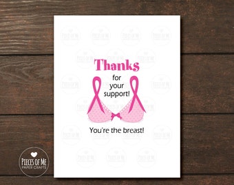 Breast cancer thank you note card, You're the Breast, You're the Best, thanks for your support, funny, survivor, pink ribbon bra, 4 pack