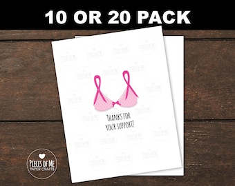 Breast cancer thank you cards, 10 or 20 Pack, thanks for your support, note cards, pink ribbon bra card, fundraiser, awareness