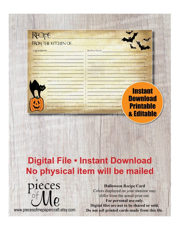 halloween recipe cards printable instant download editable bridal shower recipe swap exchange planner printable scrapbook diy halloween recipe cards