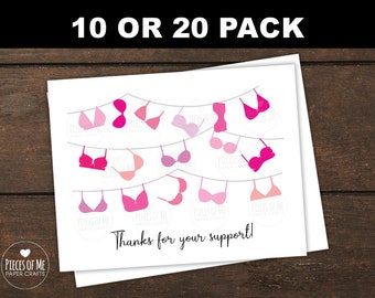 Breast cancer thank you cards 10 or 20 Pack, thanks for your support, pink bras on clothesline, chemo mastectomy radiation, blank note cards